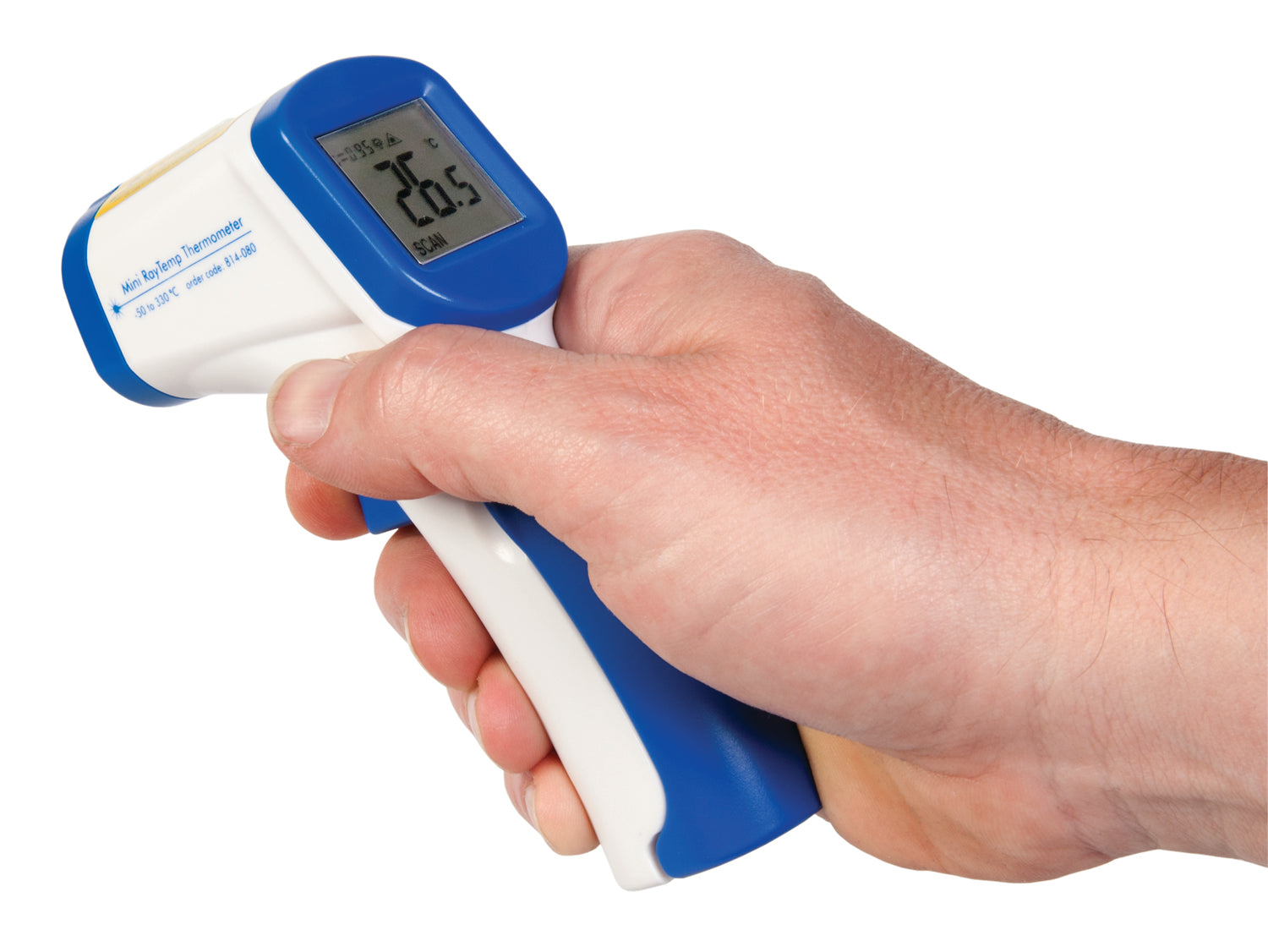 Infrarotthermometer in Hand gehalten. Display zeigt 26,5 °C 