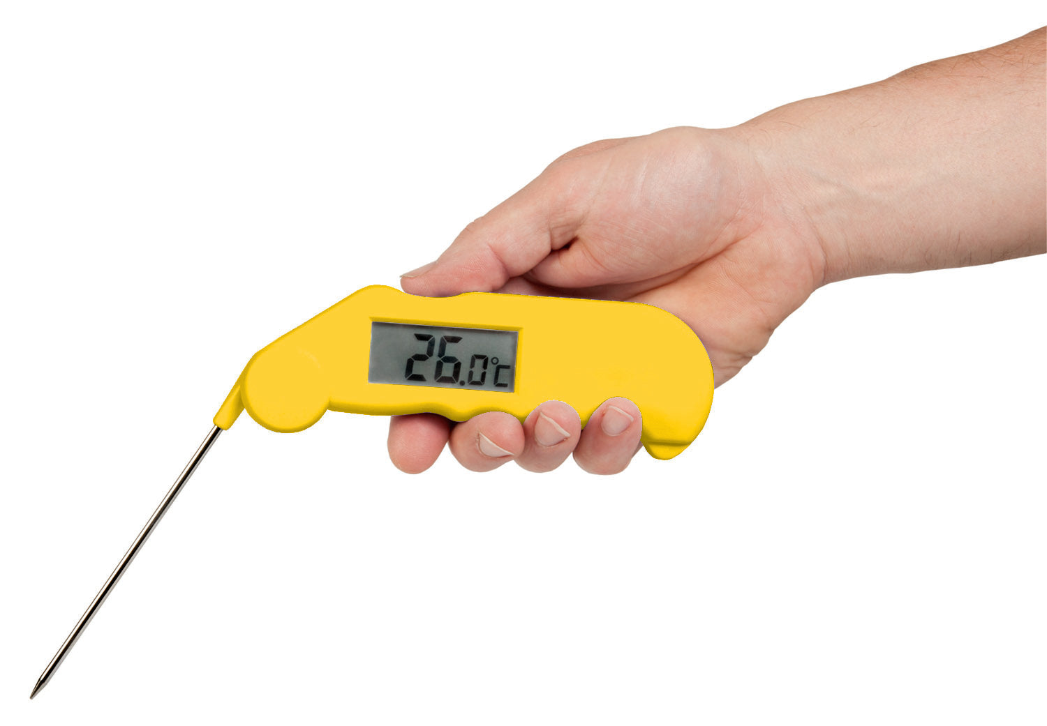 Bratenthermometer ETI Gourmet mit aufgeklapptem Einstechfühler, Display zeigt 26,0 °C 