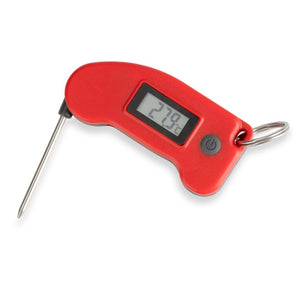 Mini-Einstechthermometer für Schlüsselanhänger, rot, halb aufgeklappt. Display zeigt 27,9 °C